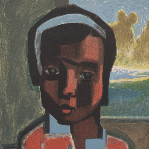 Abstract image of an African American girl wearing a red dress, seated in front of a window.