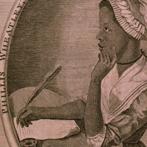 18th century engraving of servant Phillis Wheatley seated at a table with quill pen and paper.
