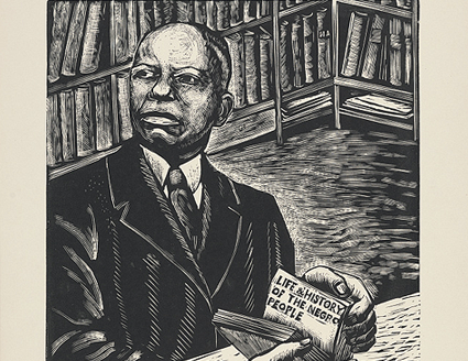 Woodcut image of Carter G. Woodson seated in a library holding a book